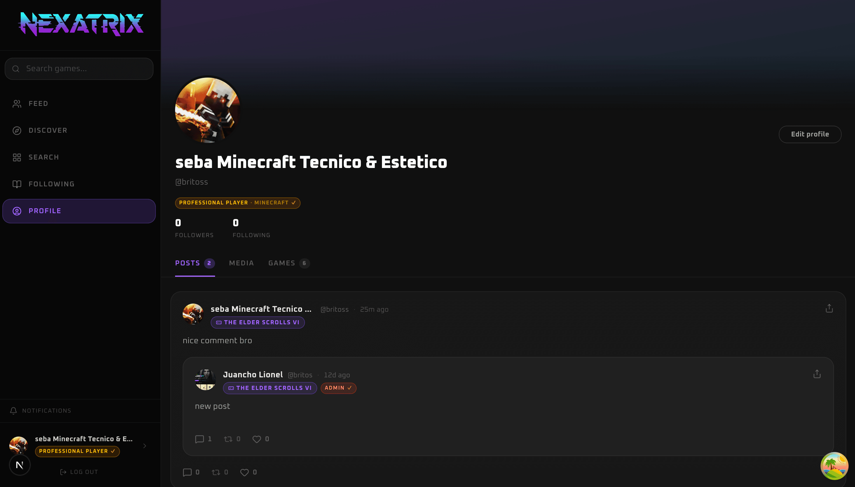 Player profile on Nexatrix